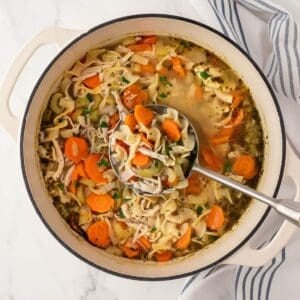 large pot of rotisserie chicken noodle soup