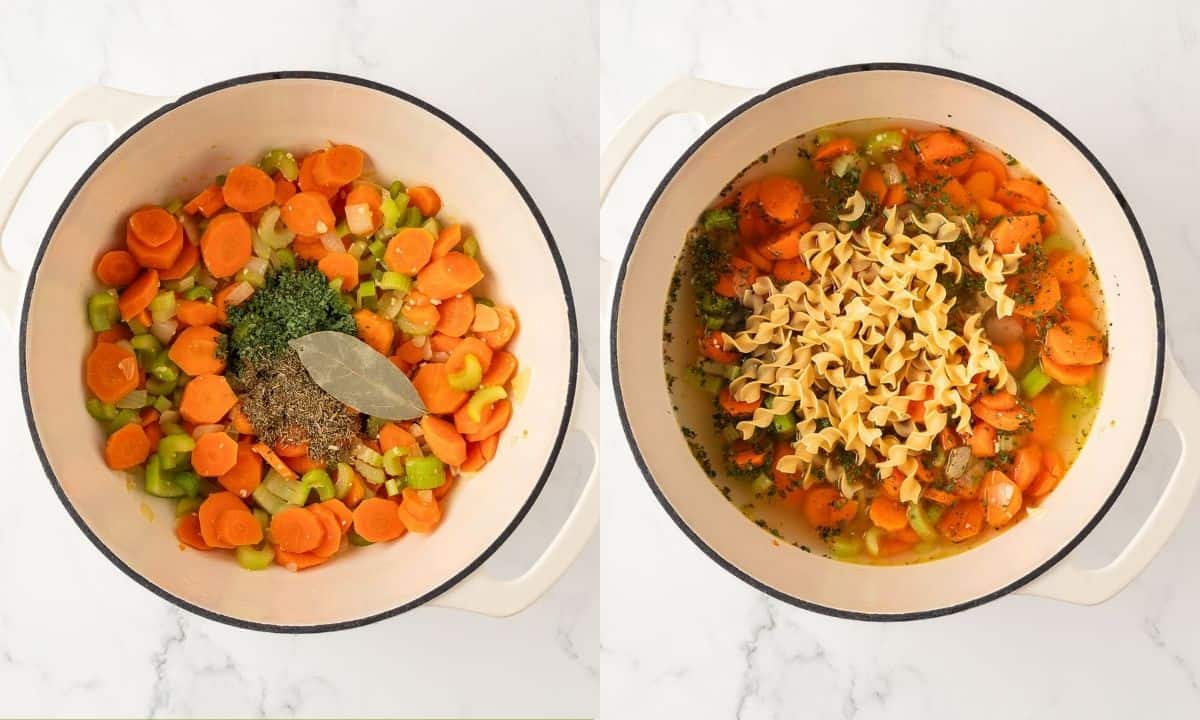 side by side image of making rotisserie chicken noodle soup. on left sauteeing the veggies on the right, added the noodles, soup, and about to add the chicken