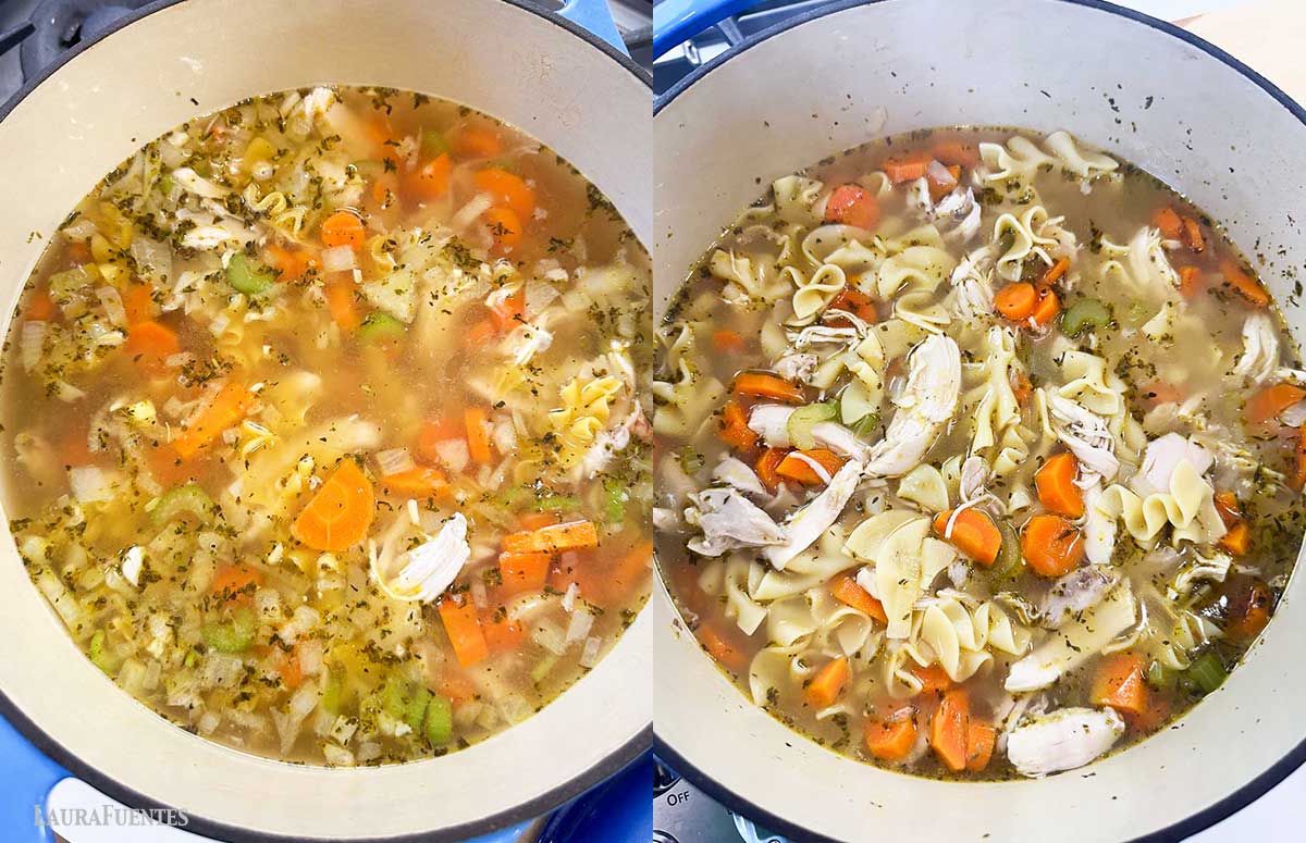 side by side image or a chicken noodle soup in a pot. On left, the chicken and noodles have been added to the broth with vegetables. On right, the chicken and the noodles are cooked in the soup.