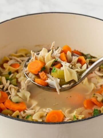laddling chicken noodle soup made with rotisserie from a pot