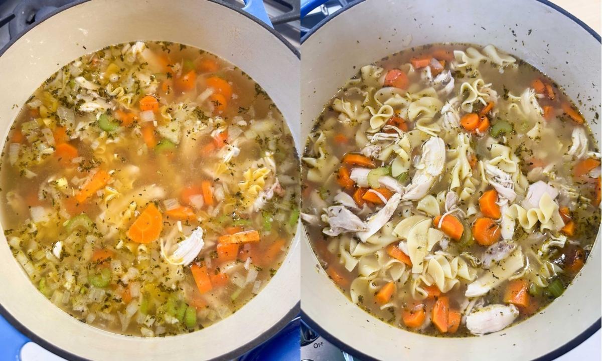 side by side image or a chicken noodle soup in a pot. On left, the chicken and noodles have been added to the broth with vegetables. On right, the chicken and the noodles are cooked in the soup.
