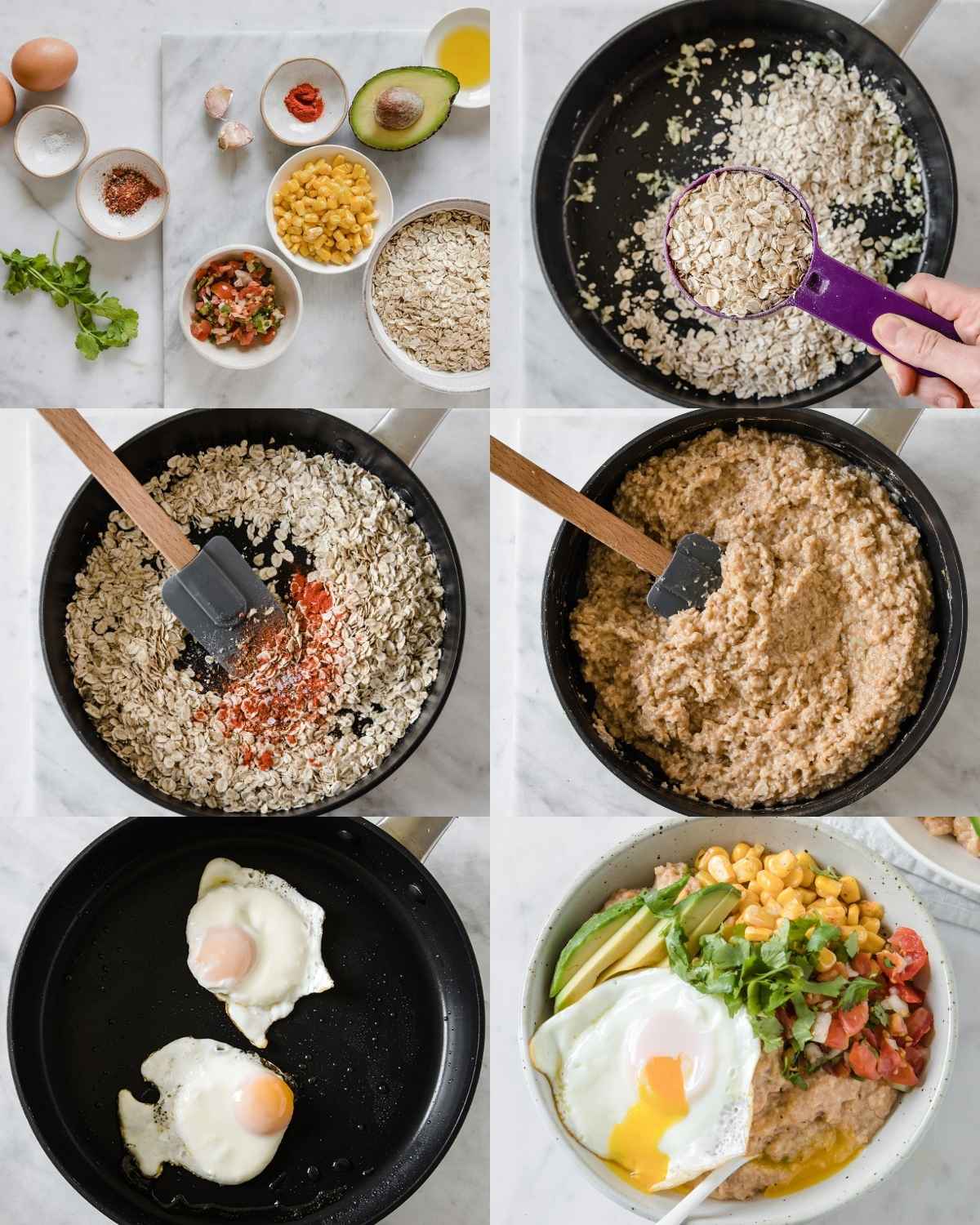Top left: small bowls of ingredients including oats, corn, diced tomatoes, spices, garlic, avocado, egg, and herbs. Top right: oats being measured with a purple measuring cup into a skillet. Middle left: oats in a skillet with spices being mixed with a spatula.
Middle right: cooked creamy savory oatmeal in the skillet.
Bottom left: two fried eggs in a pan. Bottom right: savory oatmeal bowl topped with fried egg, avocado slices, corn, tomatoes, and fresh herbs.
