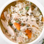 a bowl of turkey and rice soup