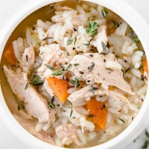 a bowl of turkey and rice soup