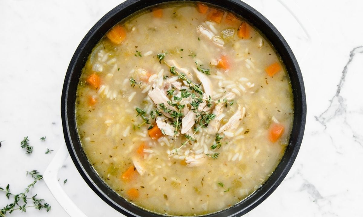 large pot of turkey and rice soup