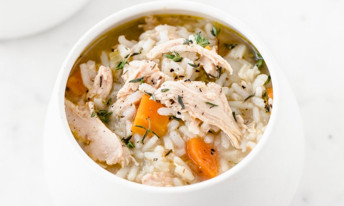 a bowl of turkey and rice soup