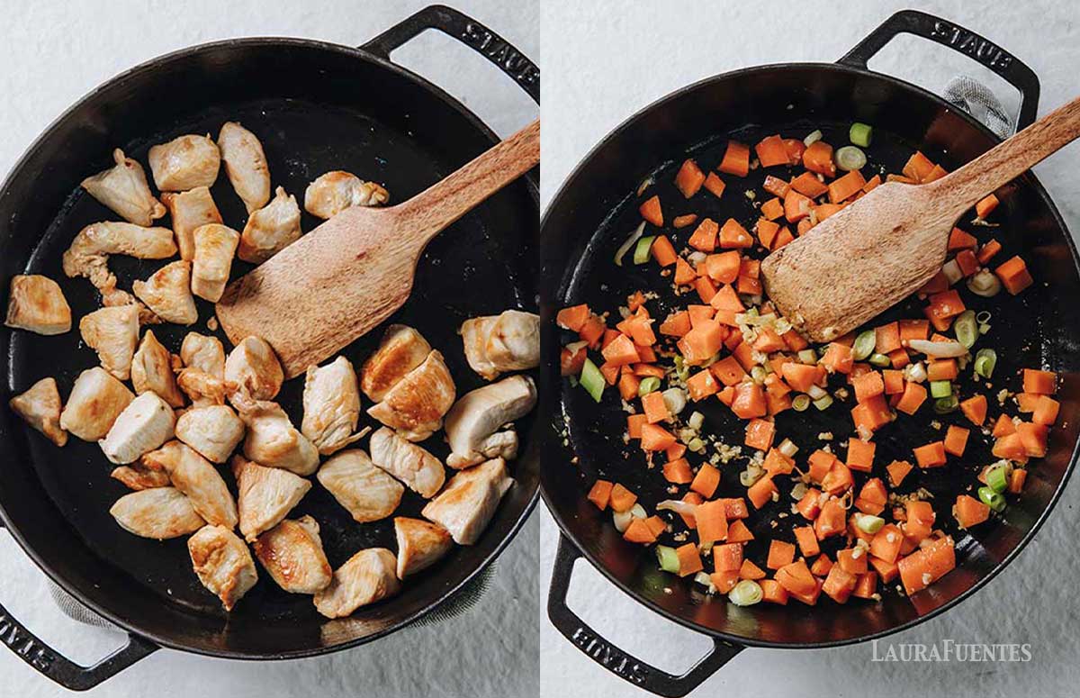 side by side images, on the left: overhead view of skillet with cooked pieces of chicken, on the right: overhead view of skillet with wooden spatula. Small diced green onions, garlic and carrot pieces cooking inside.