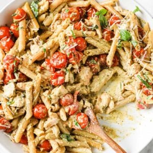 salmon pesto pasta in a skillet
