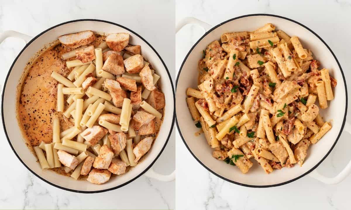 overhead view of making Chicken Pasta With Sun-Dried Tomatoes. on left is combining the pasta and cooked chicken with the creamy sauce, on the right what it looks like after