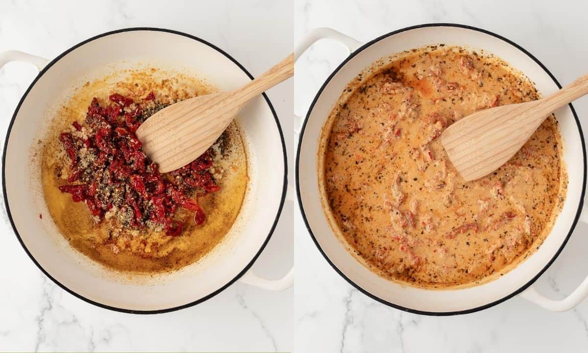 side by side image of making a recipe for sun dried tomato pasta with chicken. on left, sauteing the sun dried tomatoes and herbs to get the sauce started, on the right, the sauce is done