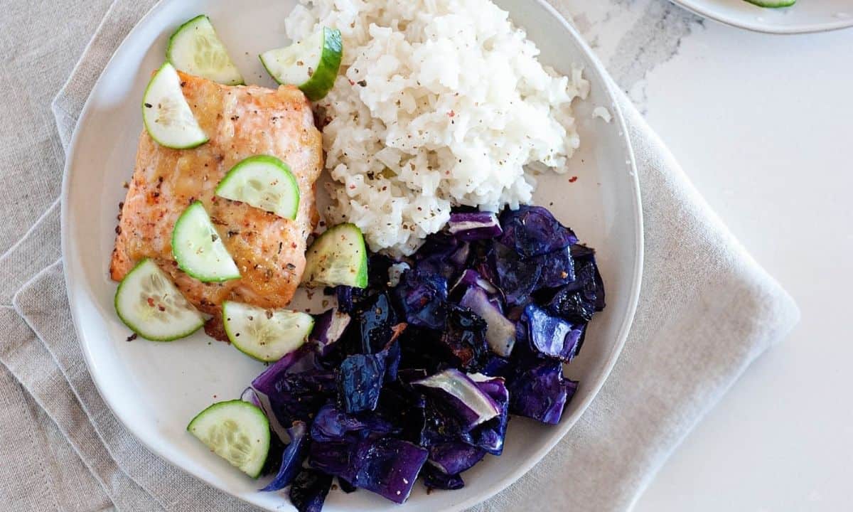 salmon with roasted red cabbage and rice