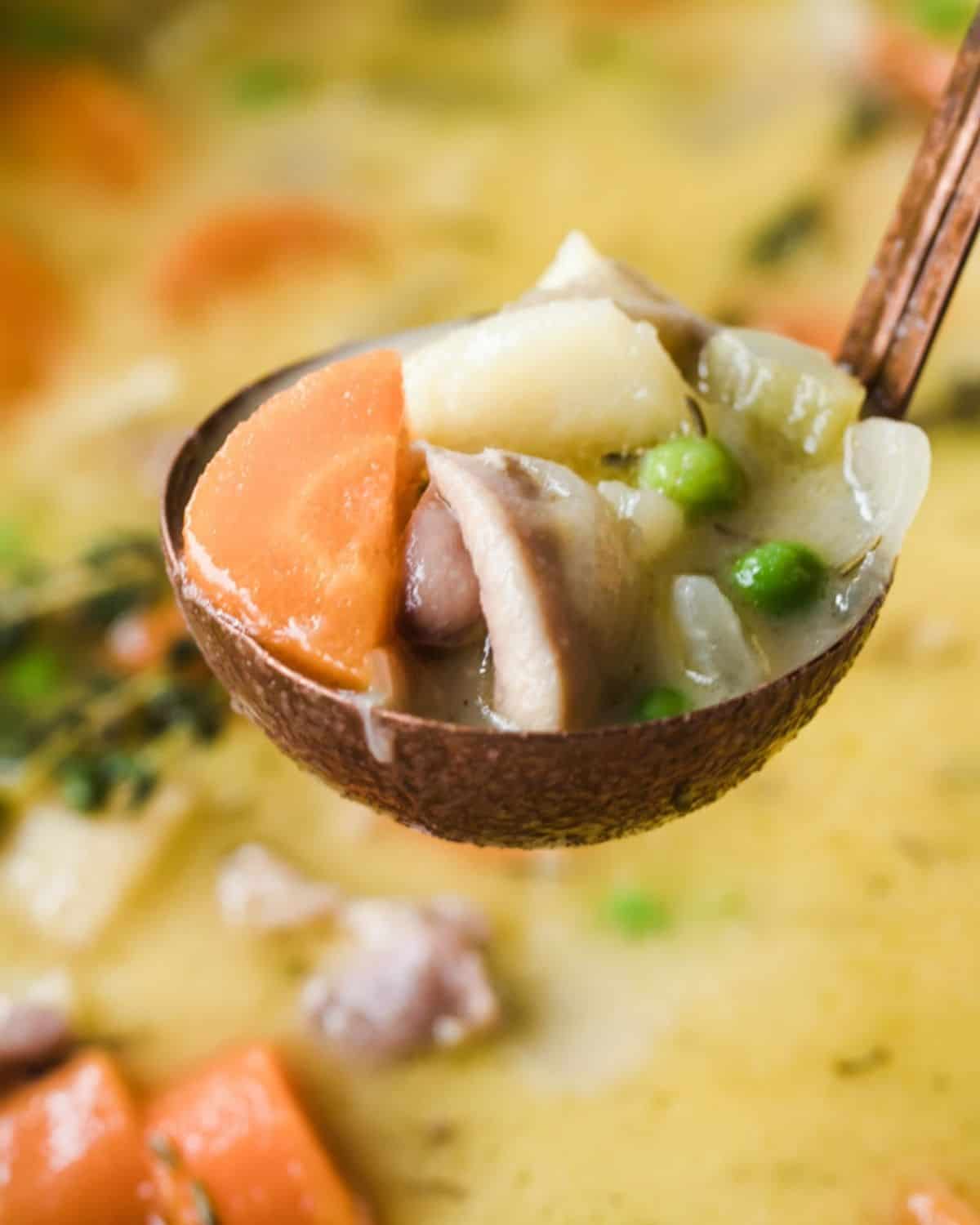 close up of chicken stew with carrots and peas in a ladle being served