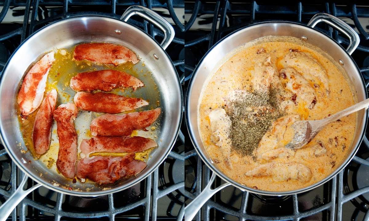 2 image collage of cooking chicken breast pieces on the left and making the creamy sun dried tomato sauce on the right