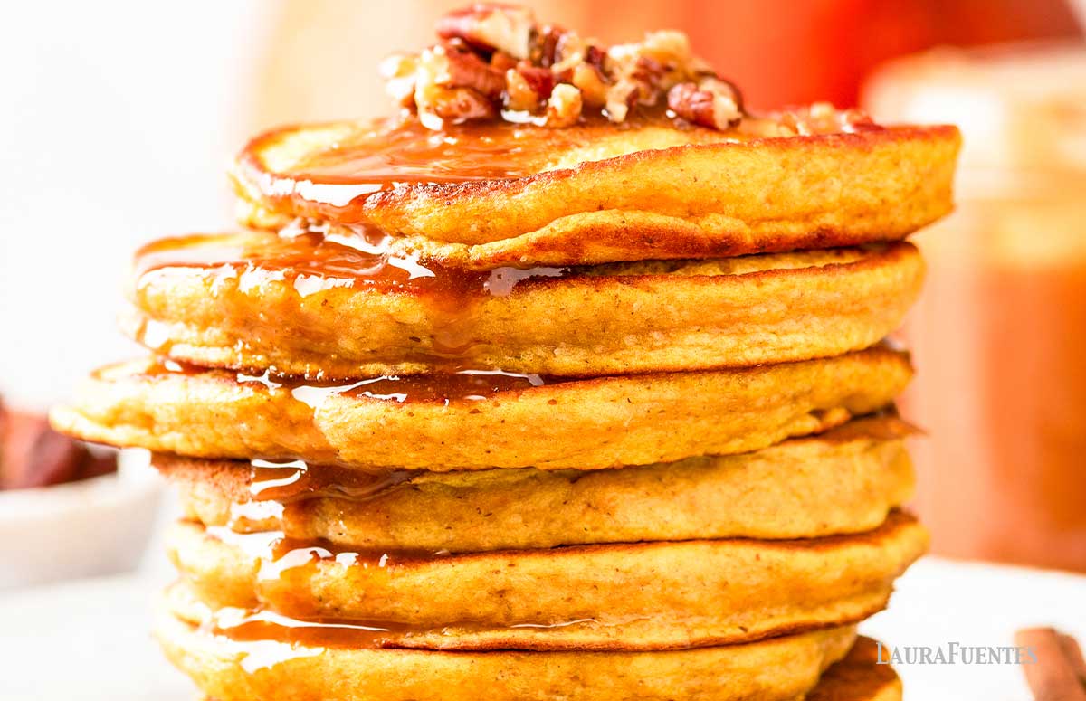 large stack of pumpkin pancakes