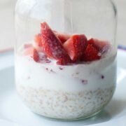 closeup of strawberry overnight oats in a mason jar