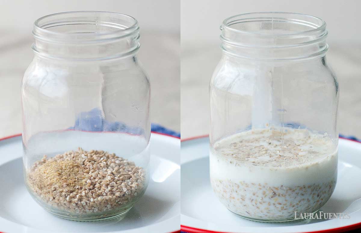 side by side pictures of mason jar with steel cut oats in the bottom and steel cut oats and milk in the bottom
