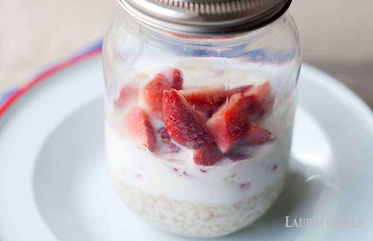 closeup of strawberry overnight oats in a mason jar