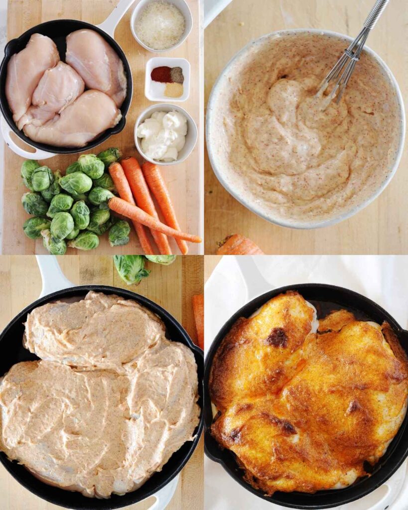 Top left: chicken breasts, shredded Parmesan cheese, mayonnaise, paprika, garlic powder, salt, pepper, Brussels sprouts, and carrots arranged on a board. Top right: mayonnaise, Parmesan, and seasonings whisked together in a bowl. Bottom left: chicken breasts spread with the creamy Parmesan mixture in a skillet. Bottom right: baked chicken golden brown and bubbly on top in the skillet.