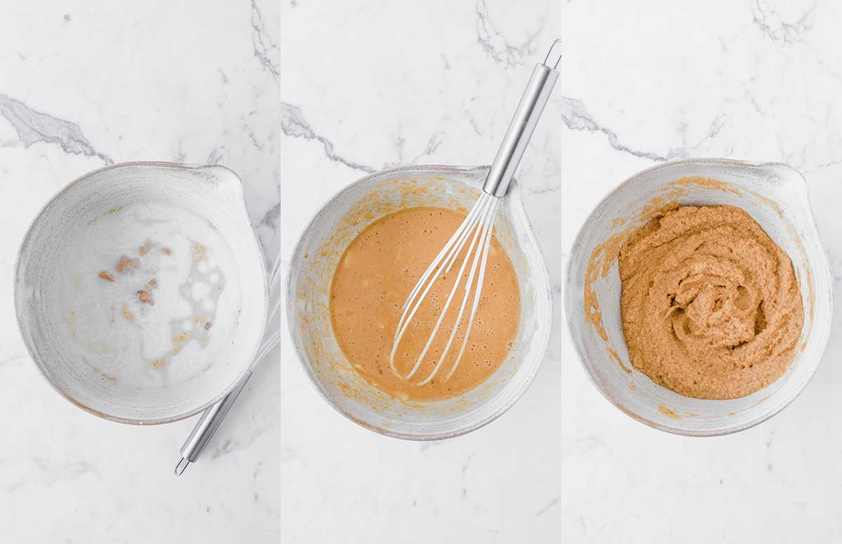 a 3 image collage of making pumpkin spice batter. from left to right: wet ingredients in a bowl,  then mixed into an orange liquid, then the batter on right after adding the dry ingredients