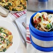 side by side of spinach tortellini in a bowl and a thermos container