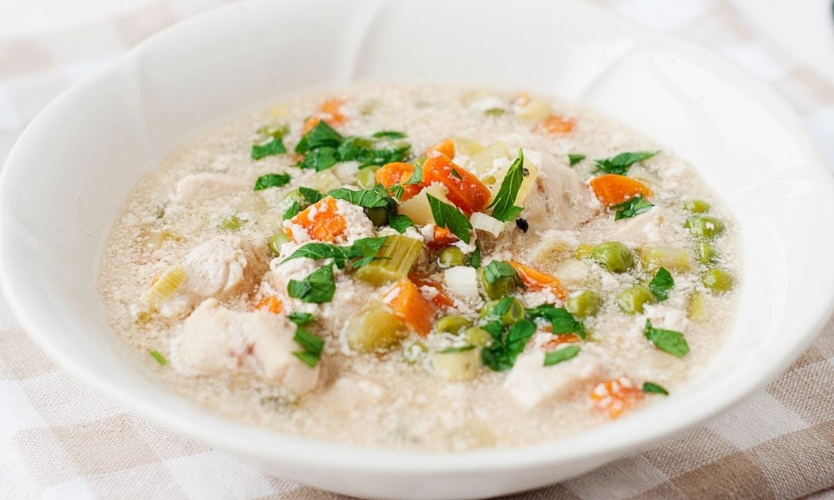 a bowl with turkey pot pie soup