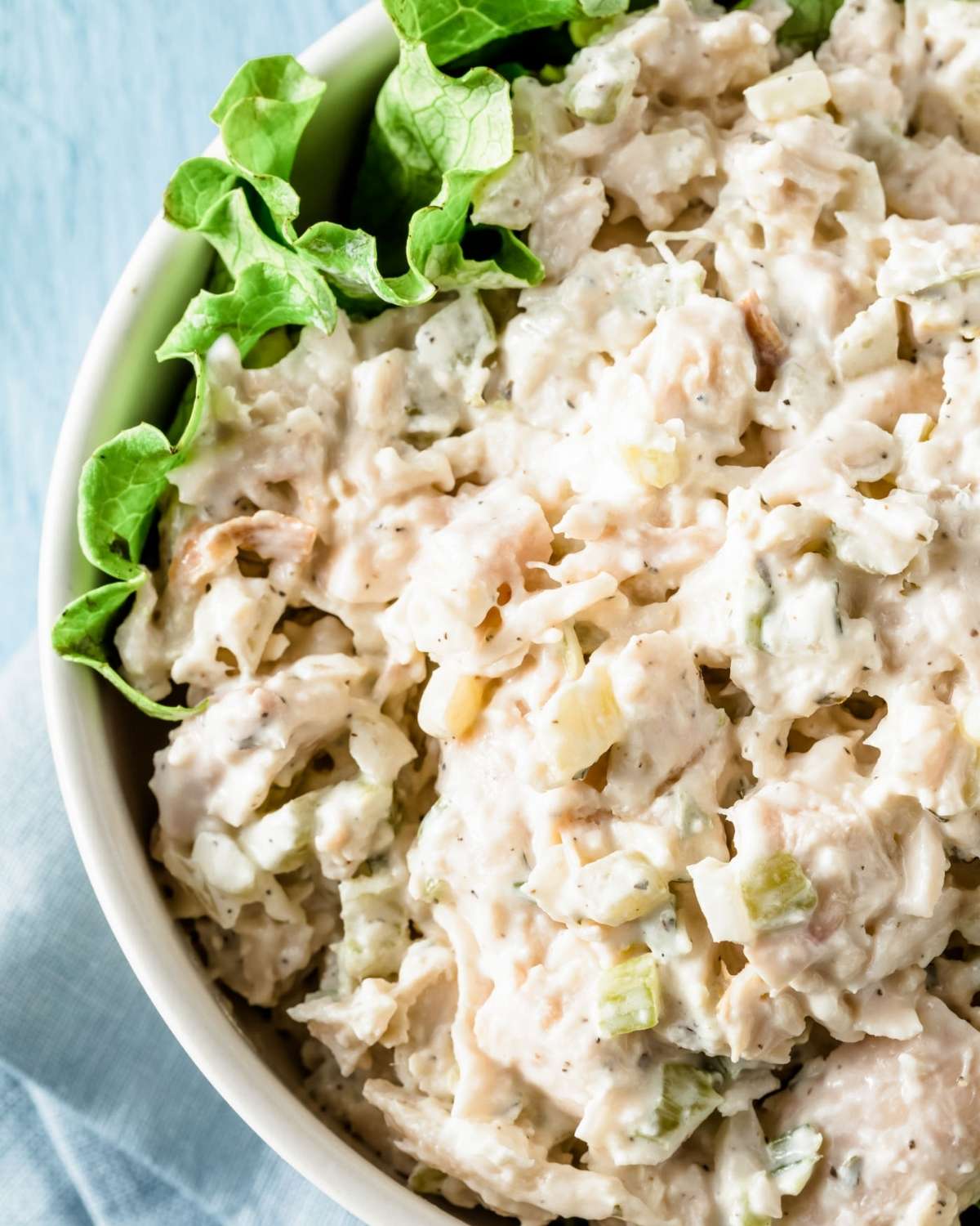 close up of a bowl of turkey salad with lettuce on the sides