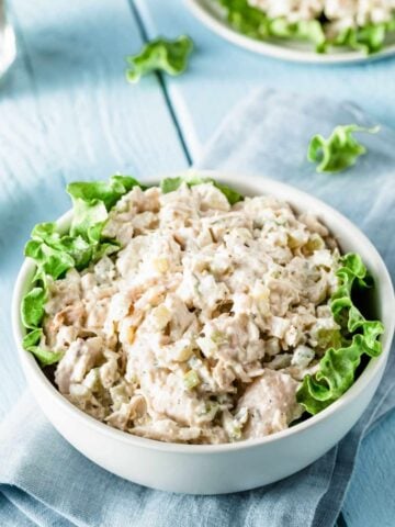a bowl of turkey salad with lettuce on the sides