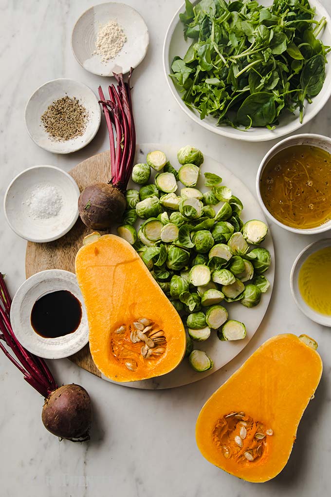 ingredients laid out for roasted vegetables and Balsamic dressing