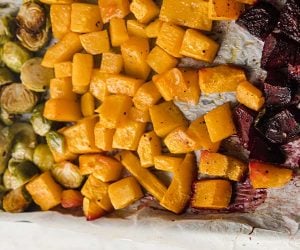 closeup view of chopped roasted Fall vegetables