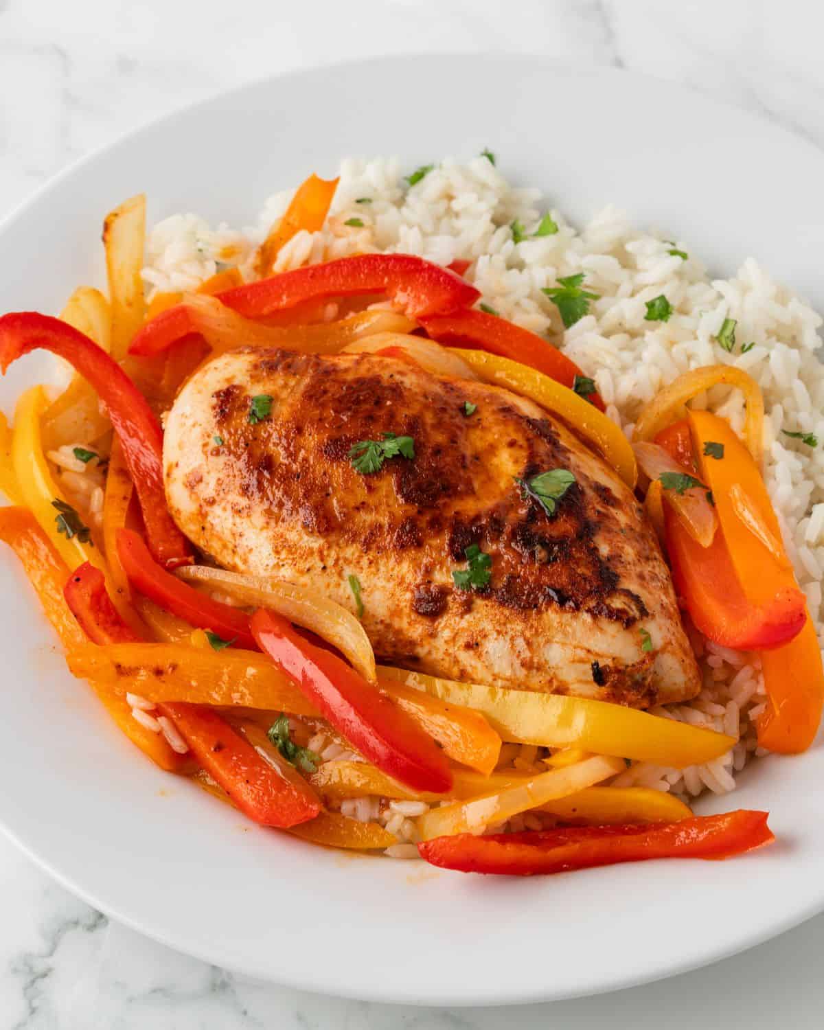 chicken breast with roasted bell peppers and rice