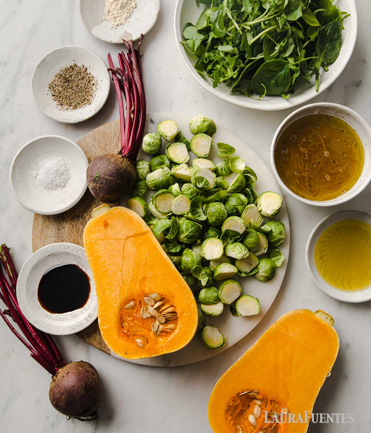 ingredients laid out for roasted vegetables and Balsamic dressing