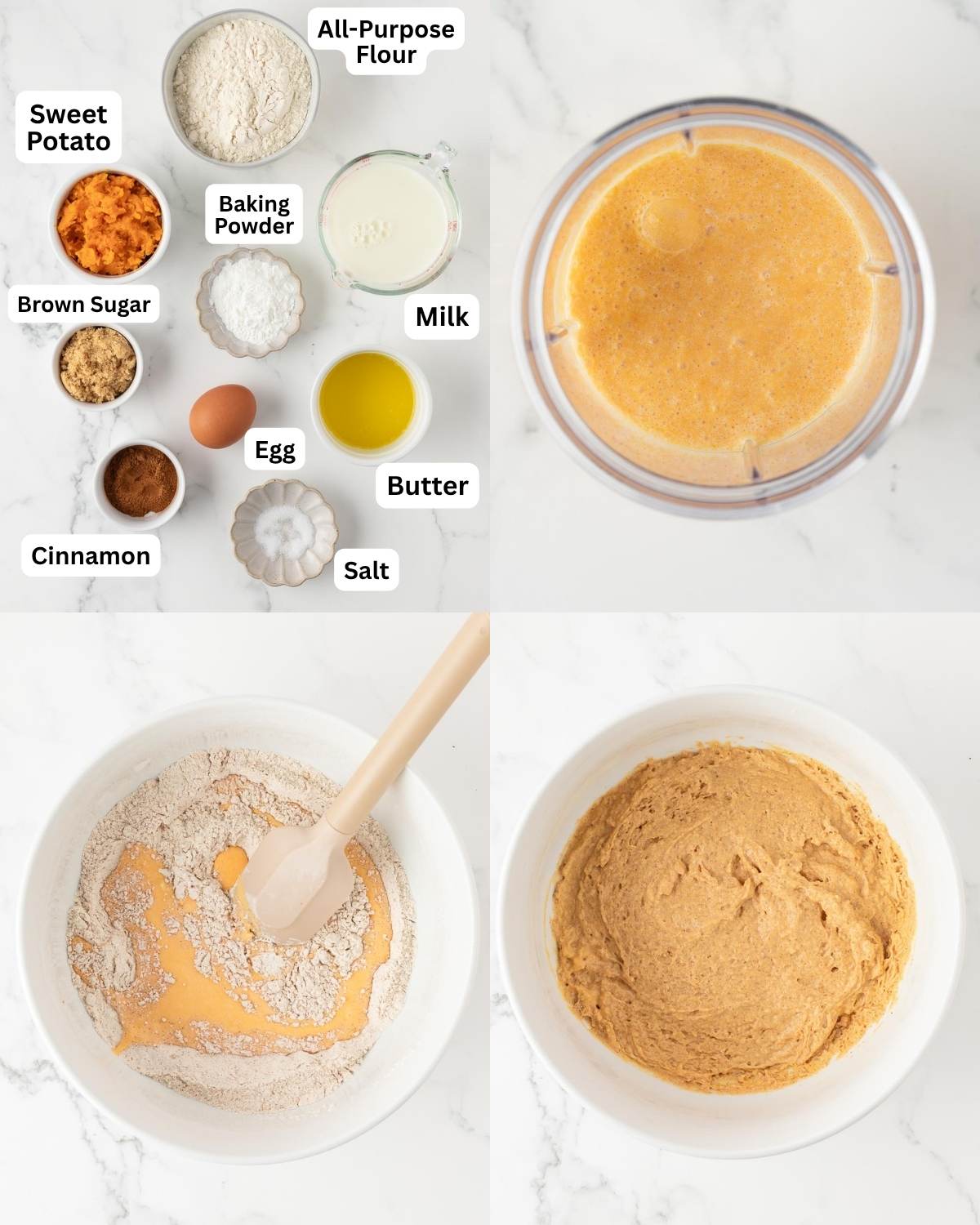 4 image collage showing ingredients and steps to make sweet potato pancakes. Top left are all the ingredients labeled and measured, top right is an overhead view of the wet ingredients blended in a blender jar, bottom left is a bowl mixing the dry ingredients and wet ingredients, and bottom right is the pancake batter ready to be cooked
