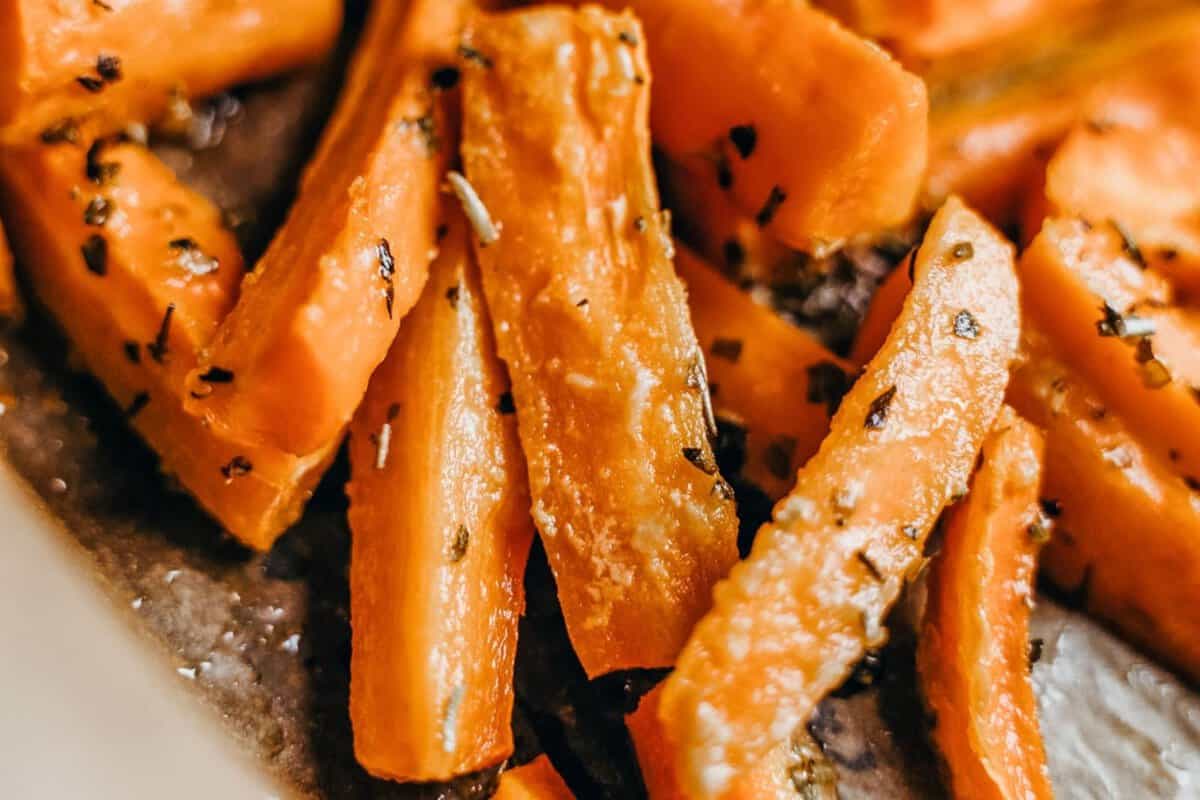 closeup of roasted carrot sticks