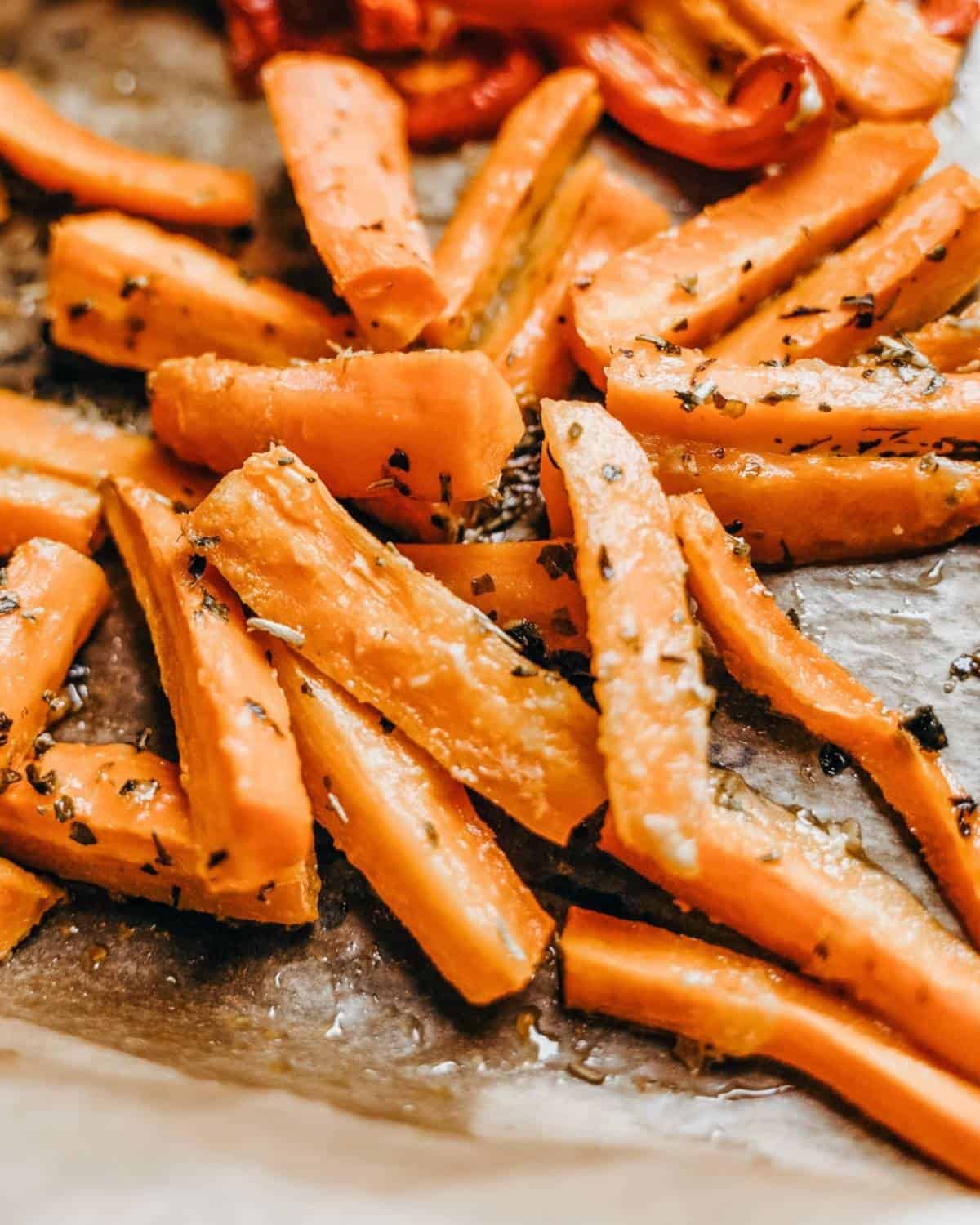 closeup of roasted carrot sticks