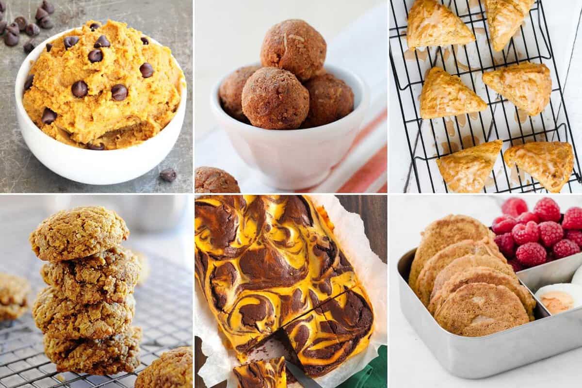 an image collage of six healthy pumpkin snack recipes