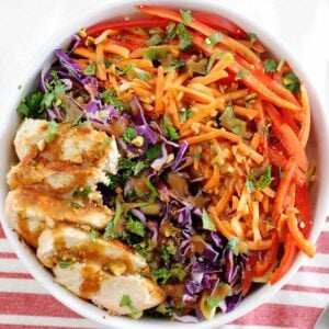 top view of a bowl of thai chicken pasta salad with carrots, bell peppers and cabbage