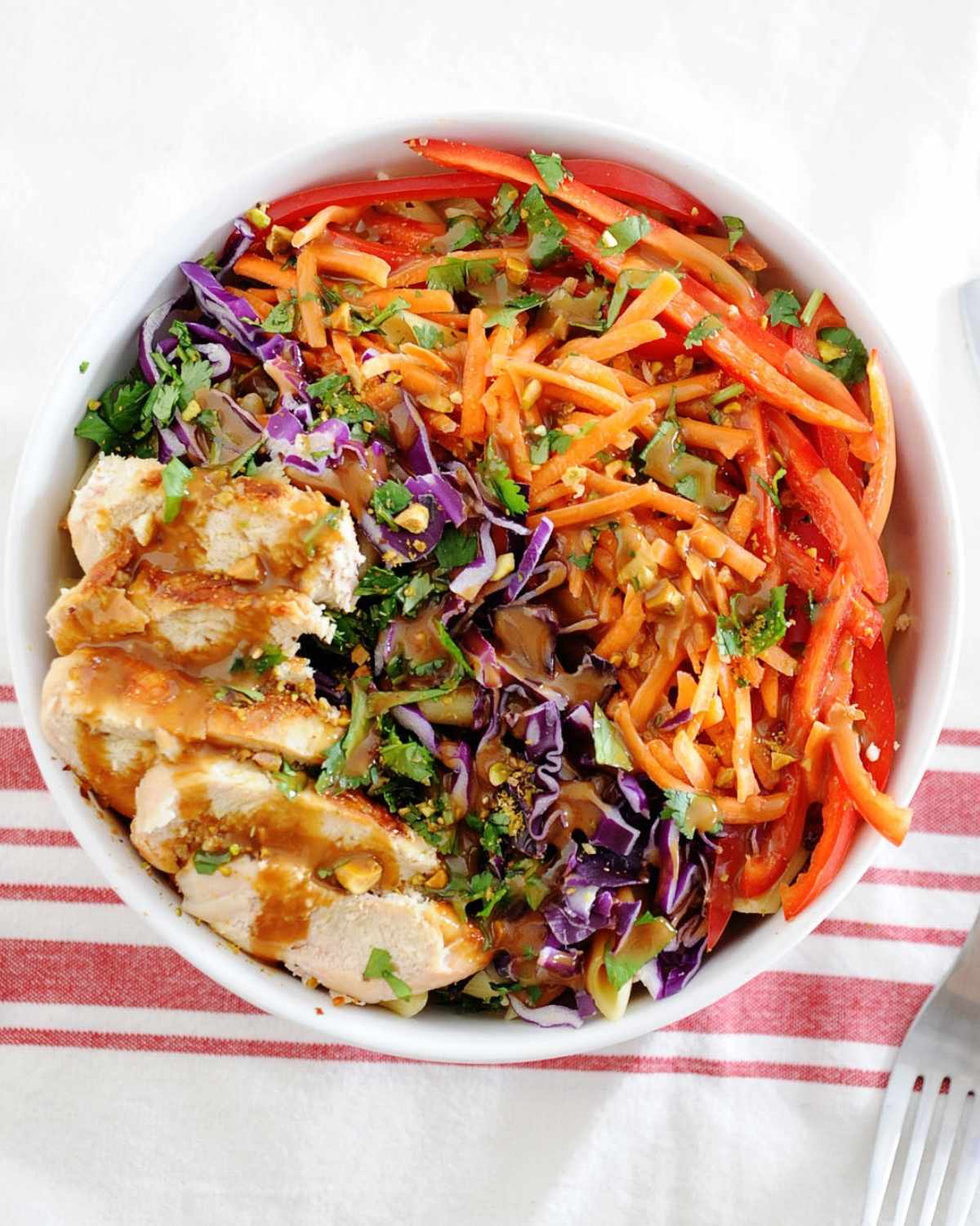 top view of a bowl of thai chicken pasta salad with carrots, bell peppers and cabbage