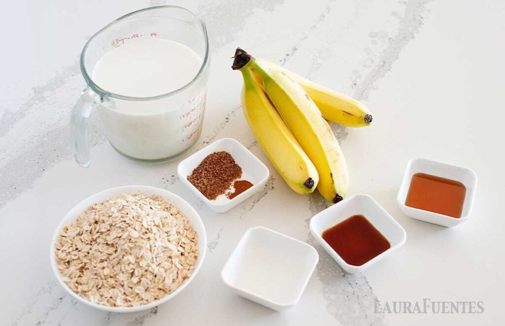 image: ingredients on the counter for banana overnight oats