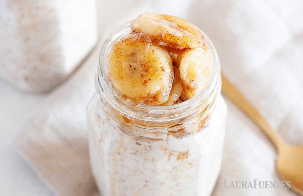 image: closeup view of bananas foster overnight oats