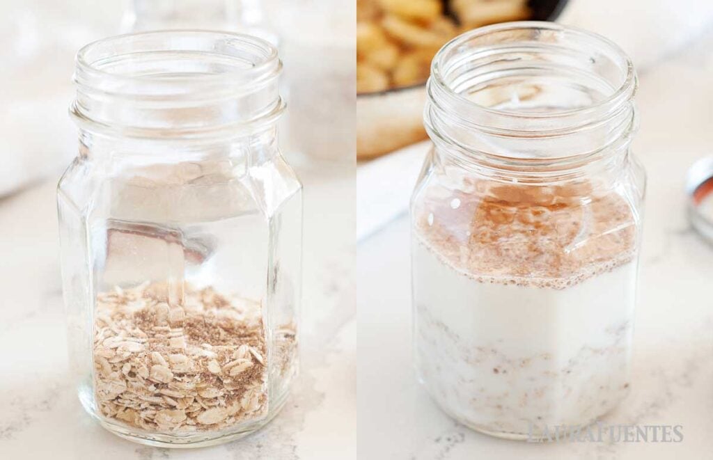 image: side by side images of the process of making banana overnight oats, oats and milk in the jar with banana slices in a skillet behind the jar.