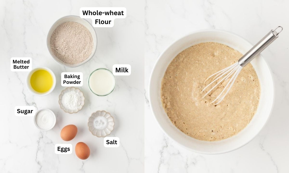 2 image collage. on left are ingredients to make whole wheat pancakes, labeled. on right is an overhead view of the batter