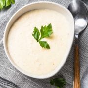 overhead view of cream of chicken soup in a bowl