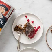 gingerbread cake slices on plates with a jar of quaker oats
