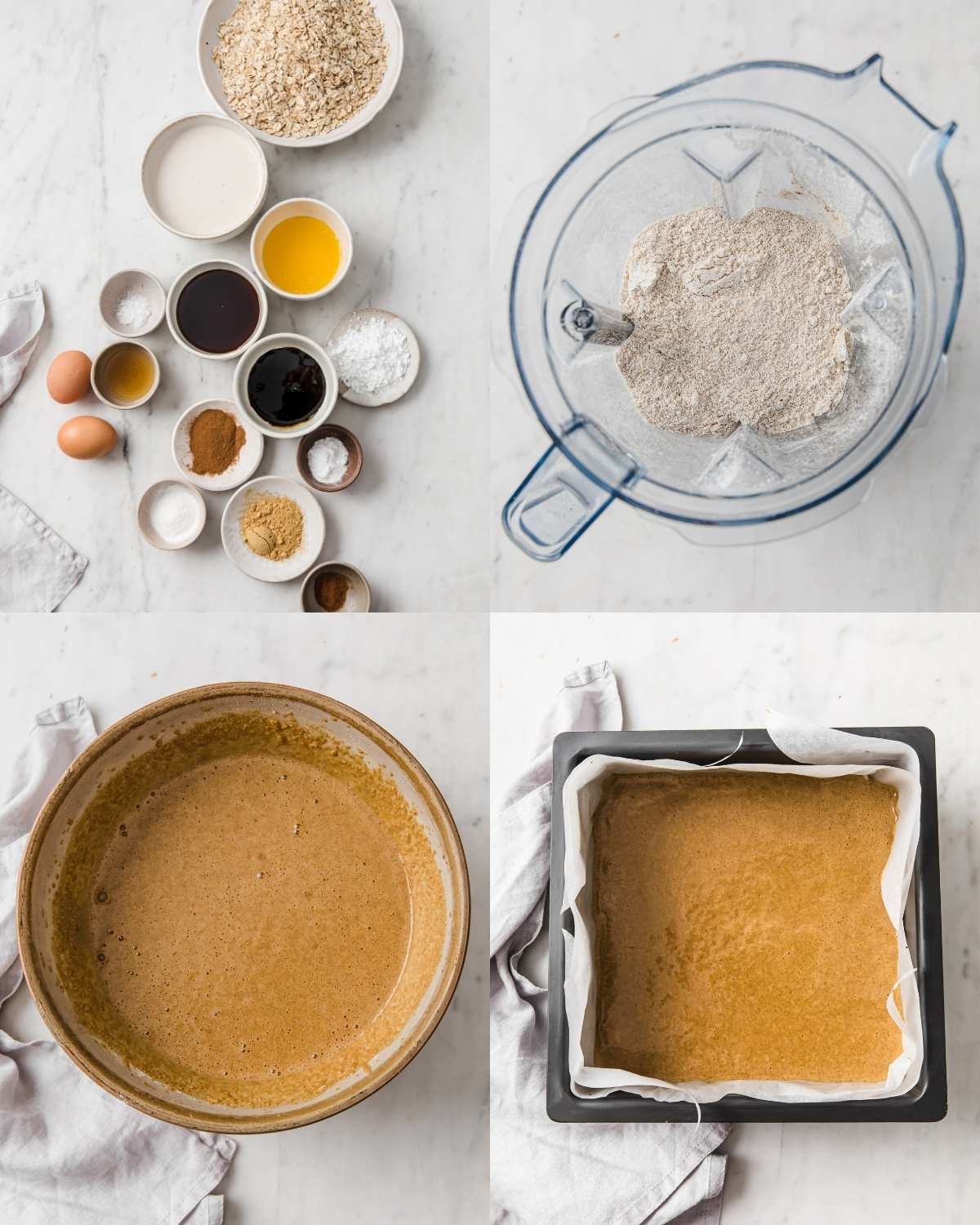 A four-image collage showing steps for making gluten-free gingerbread cake.
Top left: oats, eggs, spices, molasses, sweeteners, and liquids in small bowls.
Top right: oat flour and dry ingredients blended together in a blender.
Bottom left: The mixed gingerbread batter in a large bowl.
Bottom right: The batter poured into a parchment-lined square baking pan.
