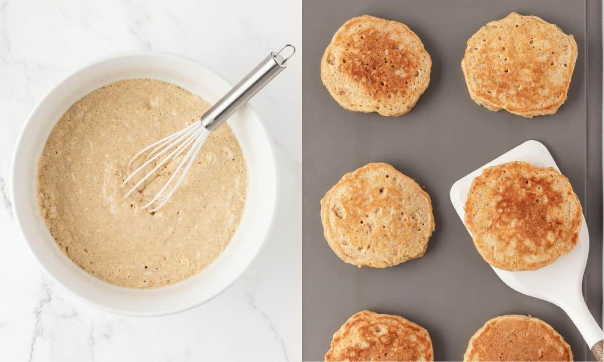 left: whole wheat pancake batter in a bowl with a whisk: right: six pancakes in a griddle, and one of them being lifted