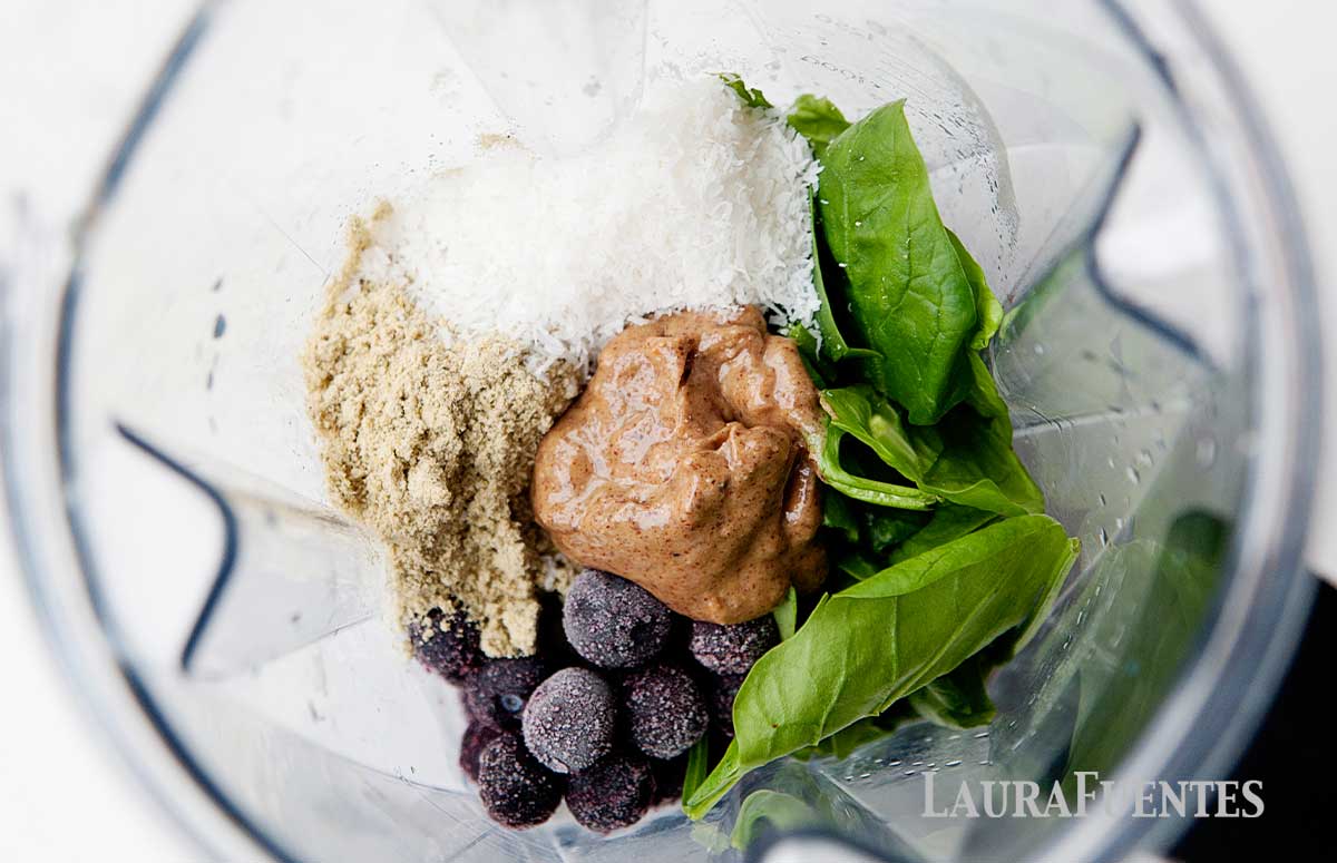 blueberry smoothie ingredients in a blender