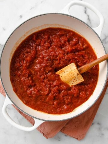 large pot of red pasta sauce