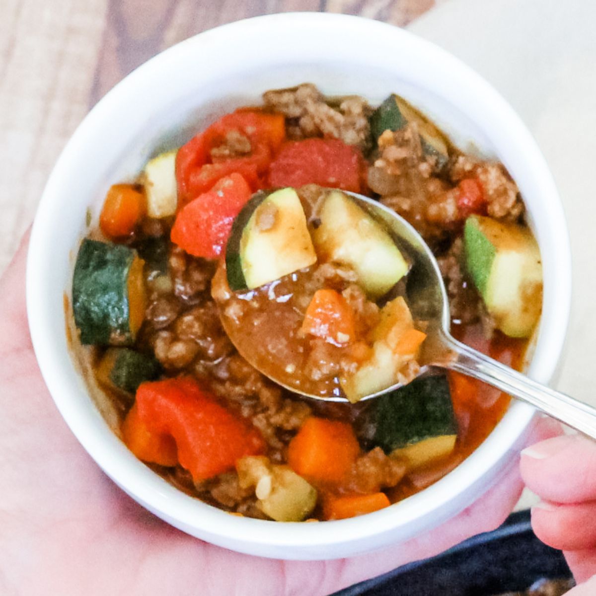 top viw of a bowl with chili