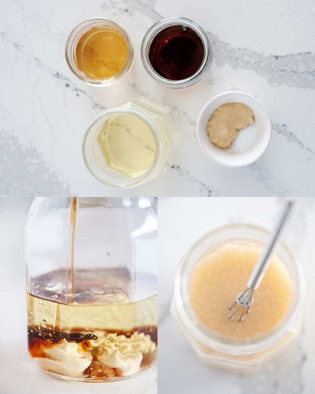 Top: four bowl with ingredients for maple dijon dressing set out in cups on countertop. Bottom left: drizzling oil in a jar. Bottom right: top view of maple dijon vinaigrette in a jar