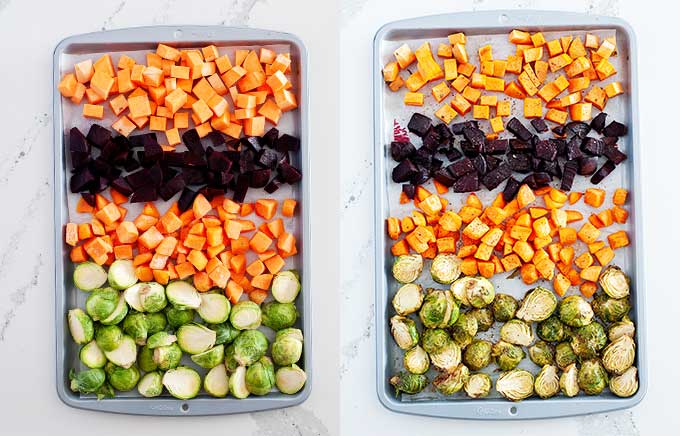 vegetables before and after roasting on pans